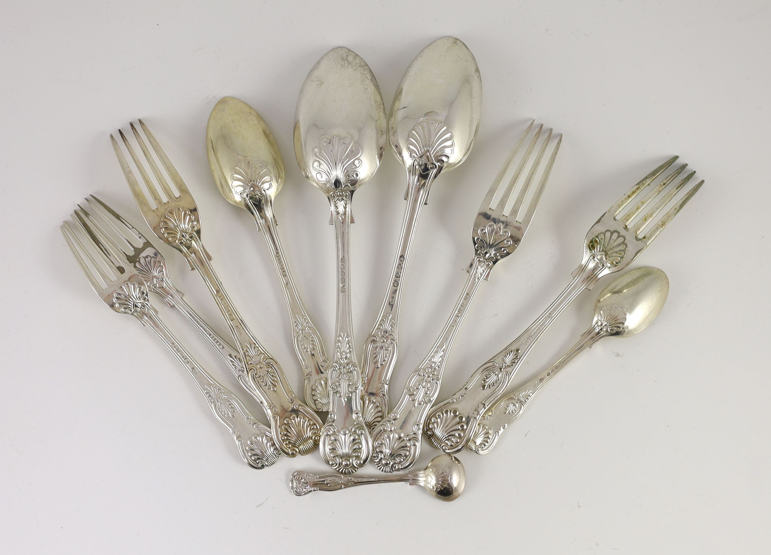 A Victorian and later harlequin part canteen of Kings and Queens pattern silver and plated flatware